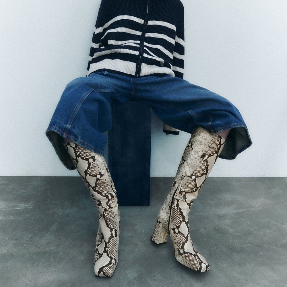ZARA Knee High Snake Print Heeled Boots BNWT